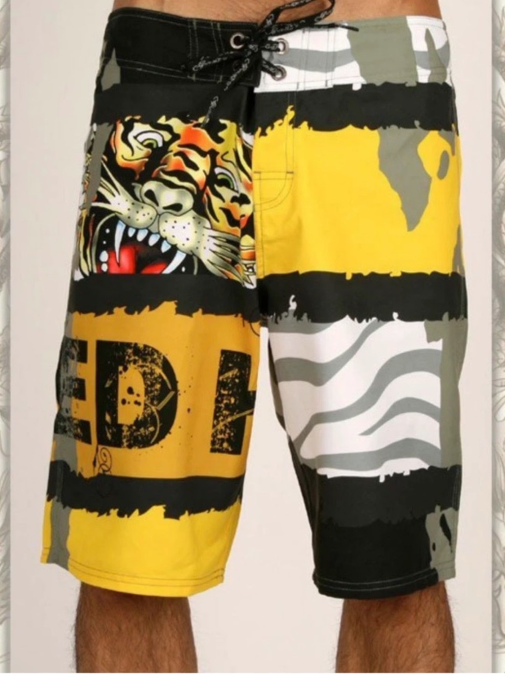 NEW Ed Hardy by Christian AudigerBlack and yellow Graphic Men’s board Shorts  34